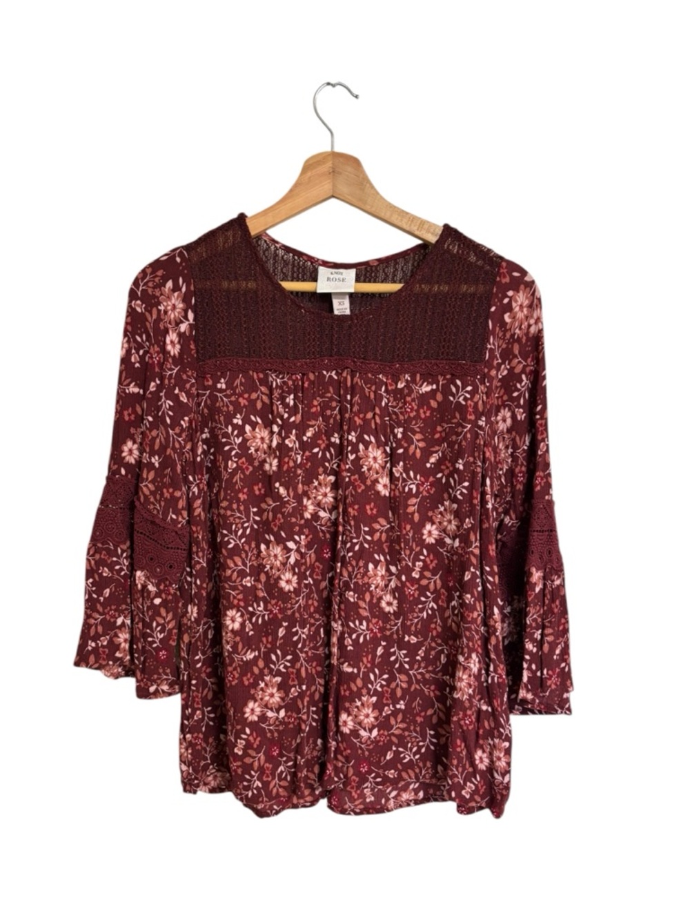 Knox Rose maroon floral boho flowy lace detailing 3/4 bell sleeve blouse size XS